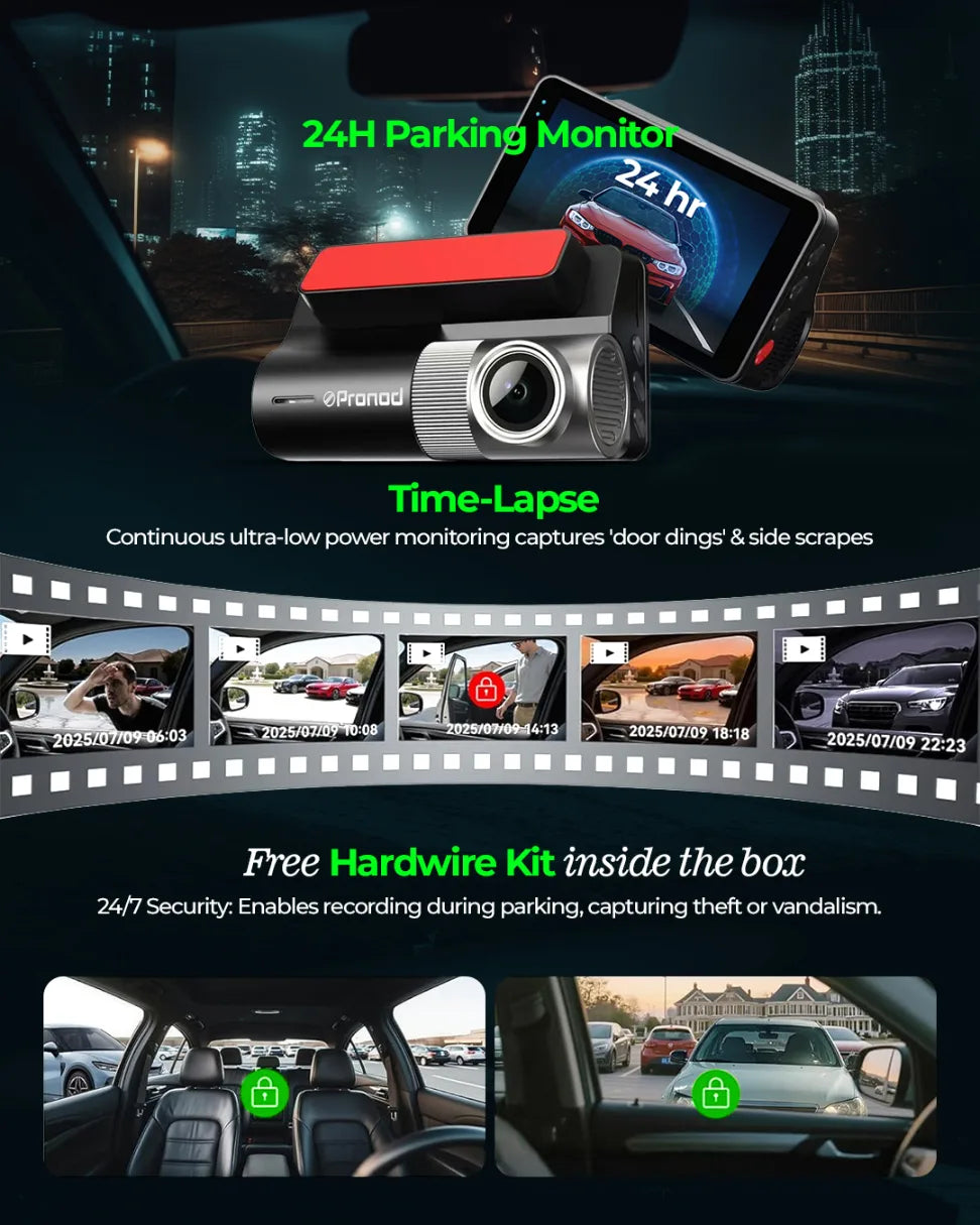 PRONOD Car Dash Camera Front and Rear | 2K + 1K Dual Recording | WiFi Dashcam with App, 3" IPS Display, Built-in Mic, Night Vision, G-Sensor | 24H Parking Mode | Supports 512GB