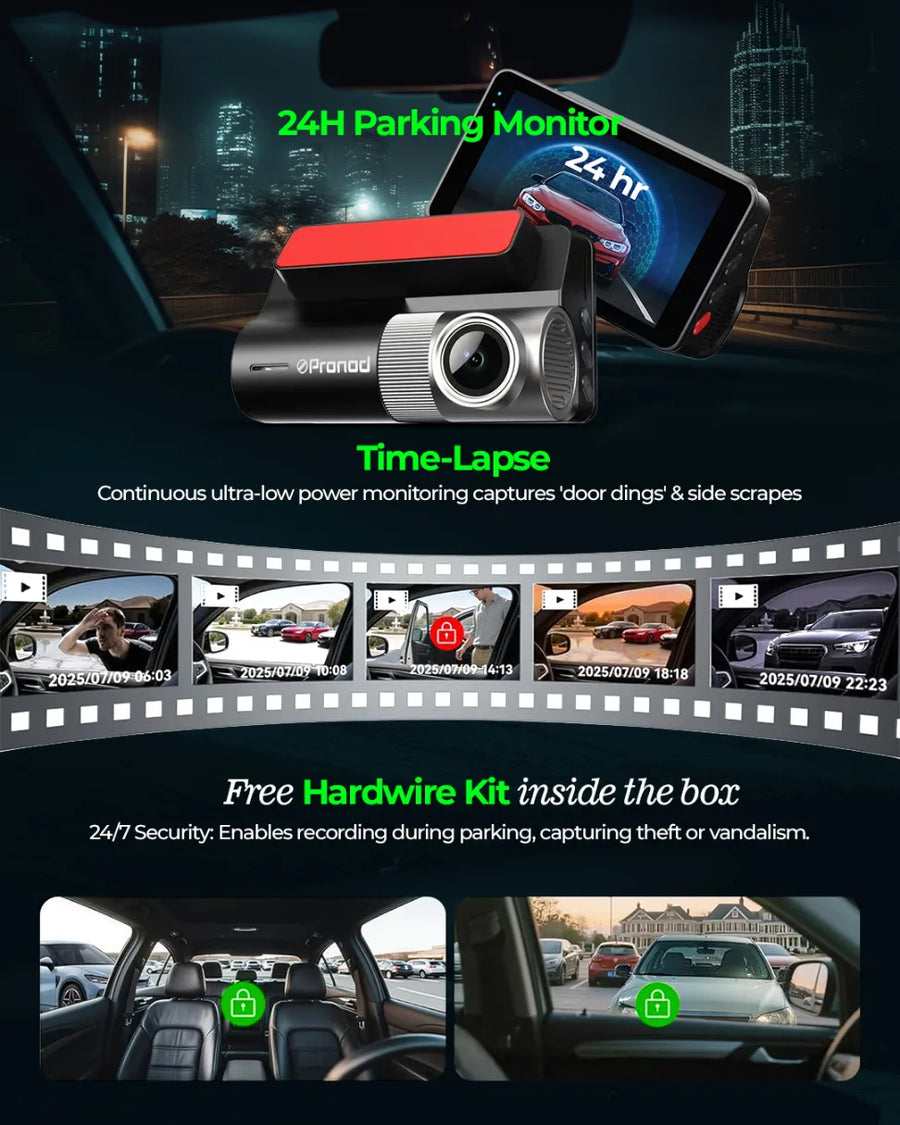 PRONOD Car Dash Camera Front and Rear | 2K + 1K Dual Recording | WiFi Dashcam with App, 3" IPS Display, Built-in Mic, Night Vision, G-Sensor | 24H Parking Mode | Supports 512GB