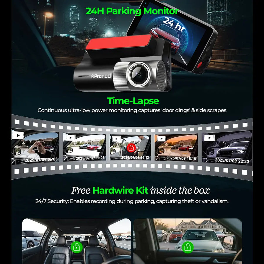 PRONOD Car Dash Camera Front and Rear | 2K + 1K Dual Recording | WiFi Dashcam with App, 3" IPS Display, Built-in Mic, Night Vision, G-Sensor | 24H Parking Mode | Supports 512GB