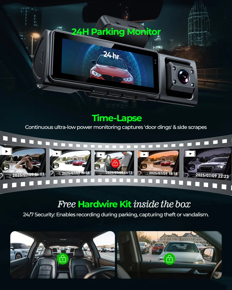 PRONOD 4K 3 Channel Dash Cam for Car Front, Rear & Cabin | UHD Dashcam with GPS, WiFi App Control & Night Vision | 3.2” IPS Screen, Built-in Mic, 24H Parking Monitor | Supports 512GB