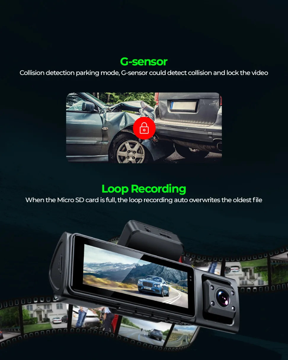 PRONOD 4K 3 Channel Dash Cam for Car Front, Rear & Cabin | UHD Dashcam with GPS, WiFi App Control & Night Vision | 3.2” IPS Screen, Built-in Mic, 24H Parking Monitor | Supports 512GB