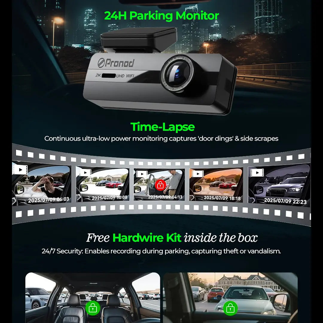PRONOD 2K UHD Dash Cam for Cars with WiFi App Control, 1.5” Display, Night Vision, Parking Monitor, Motion Detection, G-Sensor & Loop Recording, Supports 128GB SD Card – Car Dashboard Camera