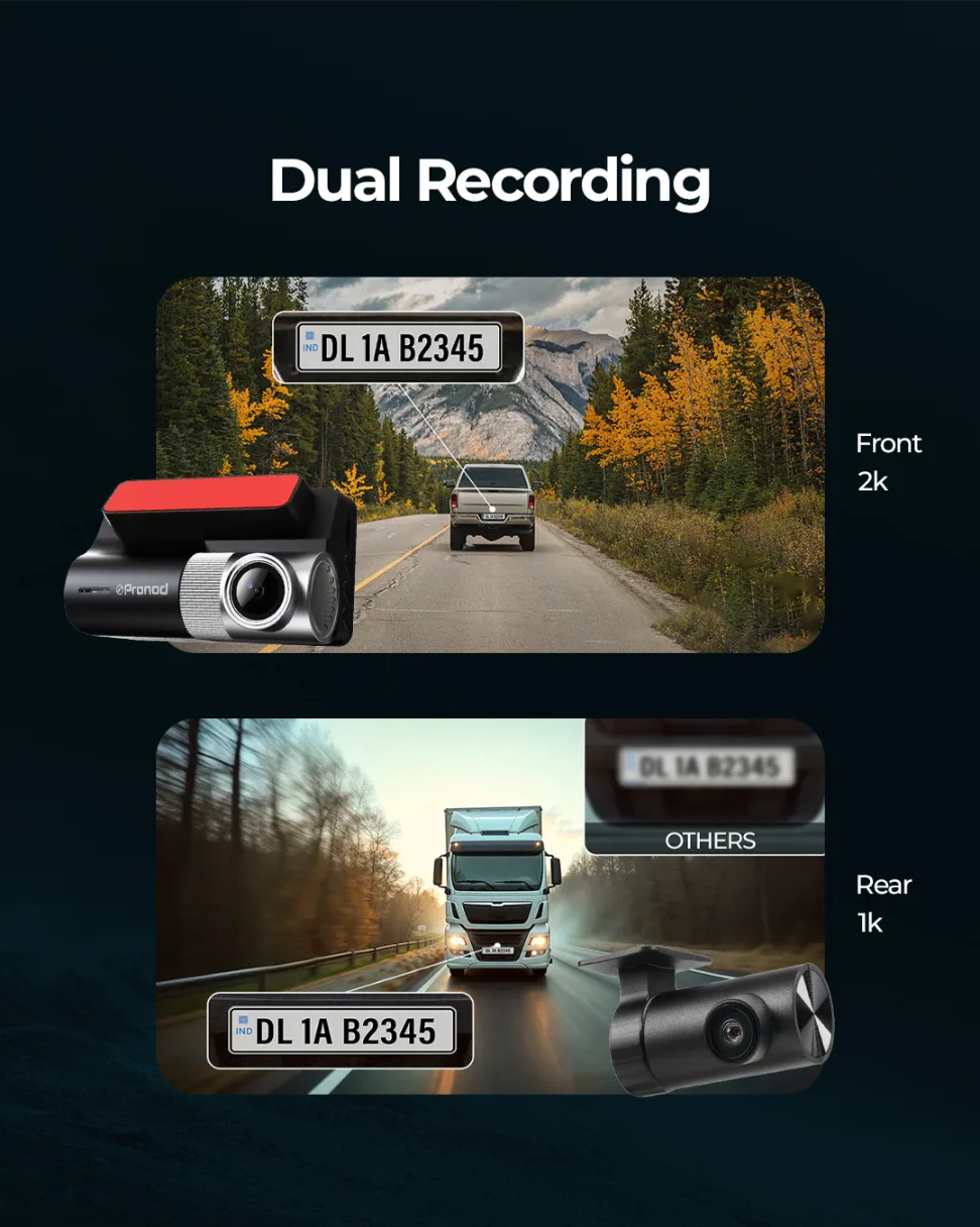 PRONOD Car Dash Camera Front and Rear | 2K + 1K Dual Recording | WiFi Dashcam with App, 3" IPS Display, Built-in Mic, Night Vision, G-Sensor | 24H Parking Mode | Supports 512GB