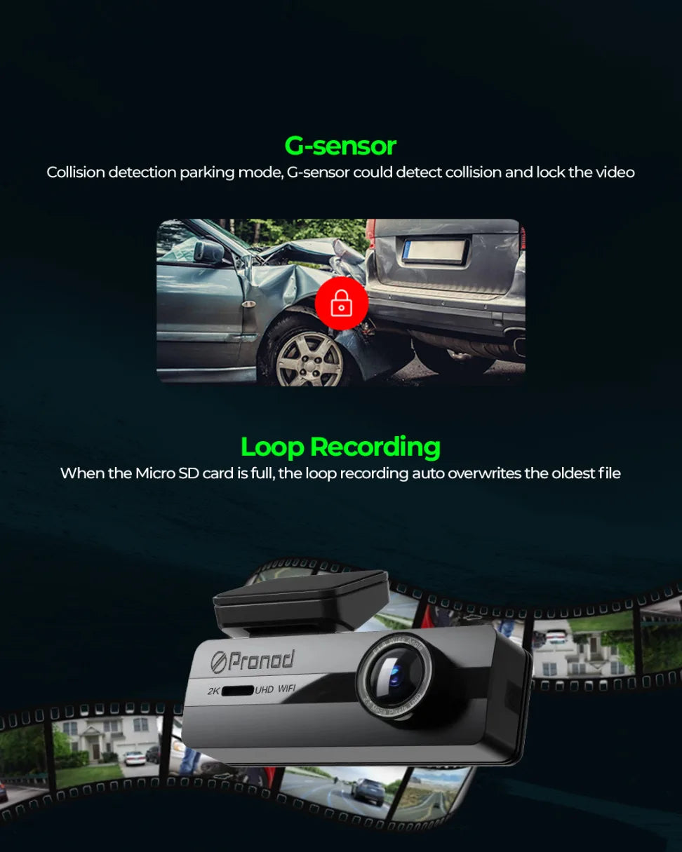 PRONOD 2K UHD Dash Cam for Cars with WiFi App Control, 1.5” Display, Night Vision, Parking Monitor, Motion Detection, G-Sensor & Loop Recording, Supports 128GB SD Card – Car Dashboard Camera