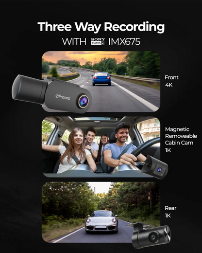 PRONOD 6K Triple Dash Cam for Car Front and Rear | Dashcam for Car with Mic | AI Voice Control, ADAS, 2.45" Display, Sony Starvis 2 Sensor, GPS Tracking, WiFi App, 24H Parking Mode, Supports 512GB