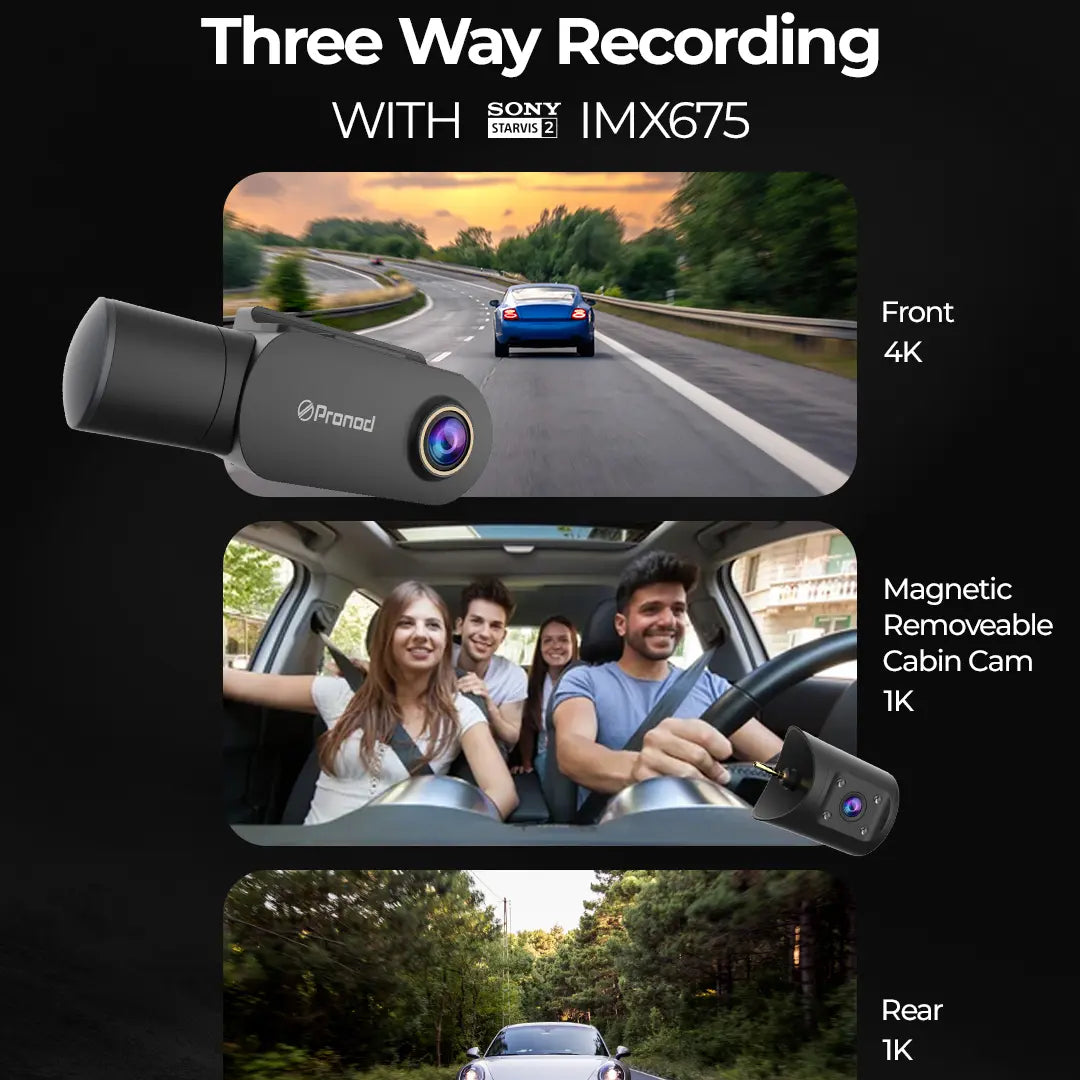 PRONOD 6K Triple Dash Cam for Car Front and Rear | Dashcam for Car with Mic | AI Voice Control, ADAS, 2.45" Display, Sony Starvis 2 Sensor, GPS Tracking, WiFi App, 24H Parking Mode, Supports 512GB
