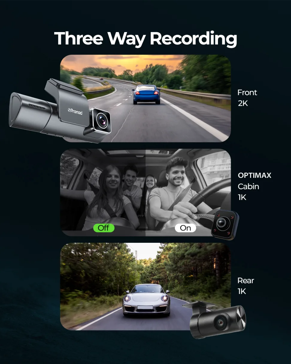 PRONOD 4K 3 Channel Dash Cam for Car Front, Rear & Cabin | UHD Dashcam with GPS, WiFi App Control & Night Vision | 3.2” IPS Screen, Built-in Mic, 24H Parking Monitor | Supports 512GB