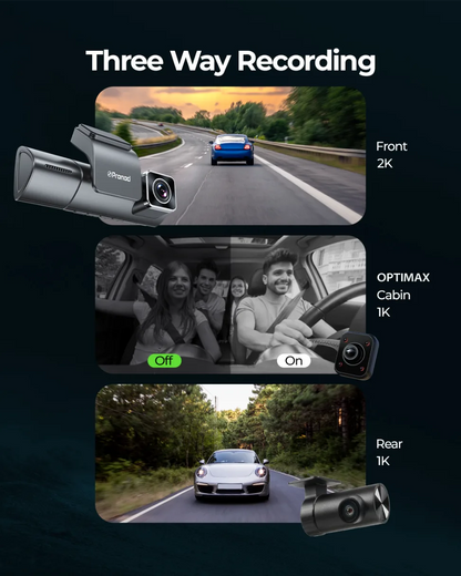 PRONOD 4K 3 Channel Dash Cam for Car Front, Rear & Cabin | UHD Dashcam with GPS, WiFi App Control & Night Vision | 3.2” IPS Screen, Built-in Mic, 24H Parking Monitor | Supports 512GB